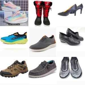 Women's and men's shoes and boots high heel hiking and tennis shoes